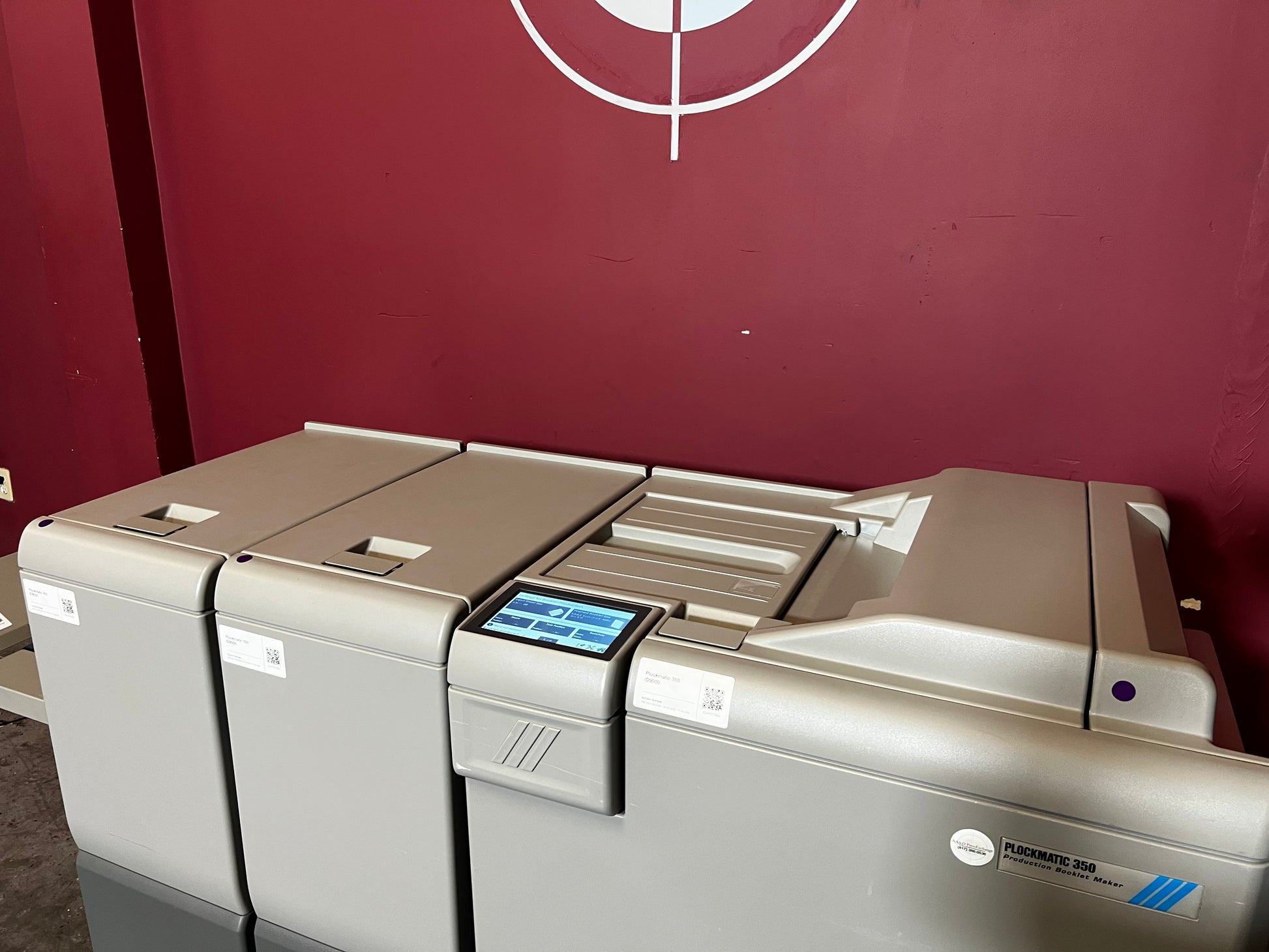 Used Plockmatic 350 90k booklet maker rear view showing inline workflow – AA&D PressExchange