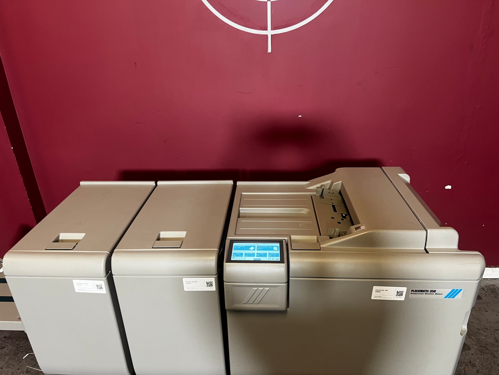 Used Plockmatic 350 64k meter booklet maker front/side view highlighting folding and stitch features – AA&D PressExchange
