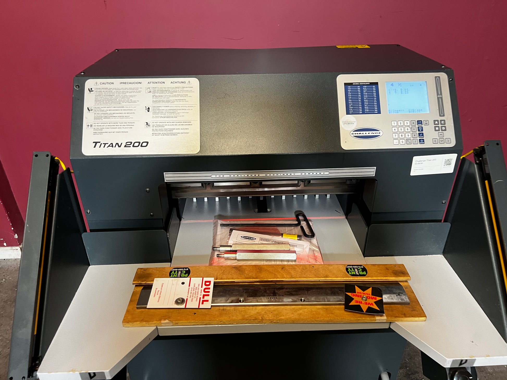 Used Challenge Titan 200C hydraulic paper cutter close-up of programmable memory panel – AA&D PressExchange