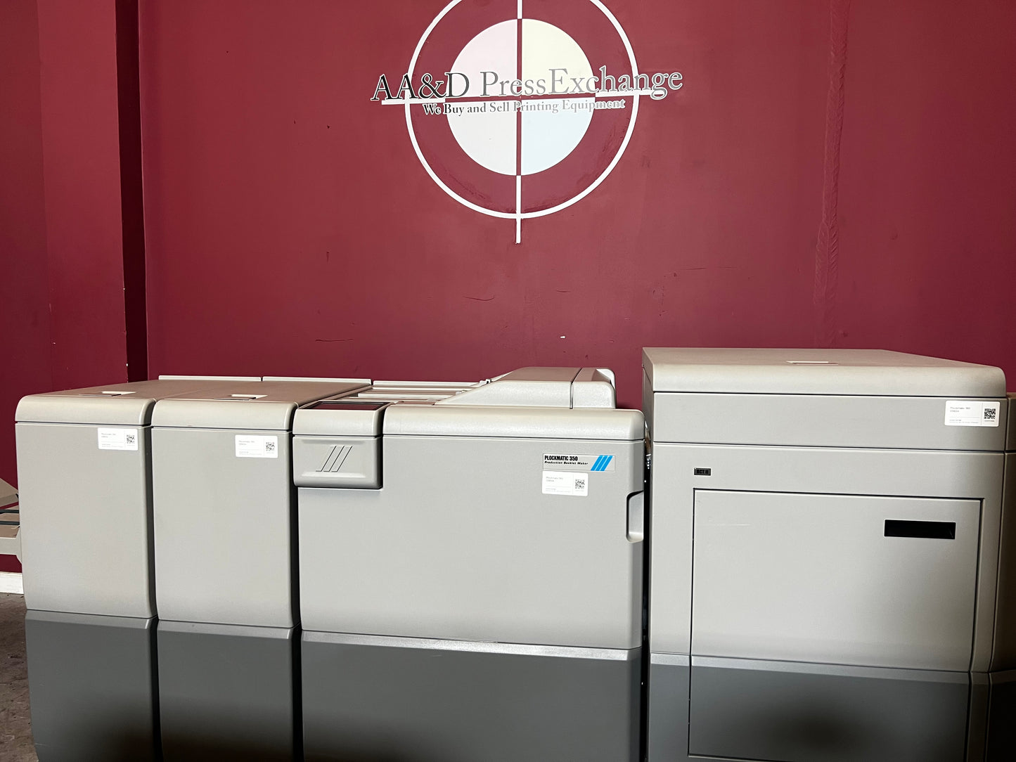 Used Plockmatic 350 70k meter booklet maker front view in production setup – AA&D PressExchange