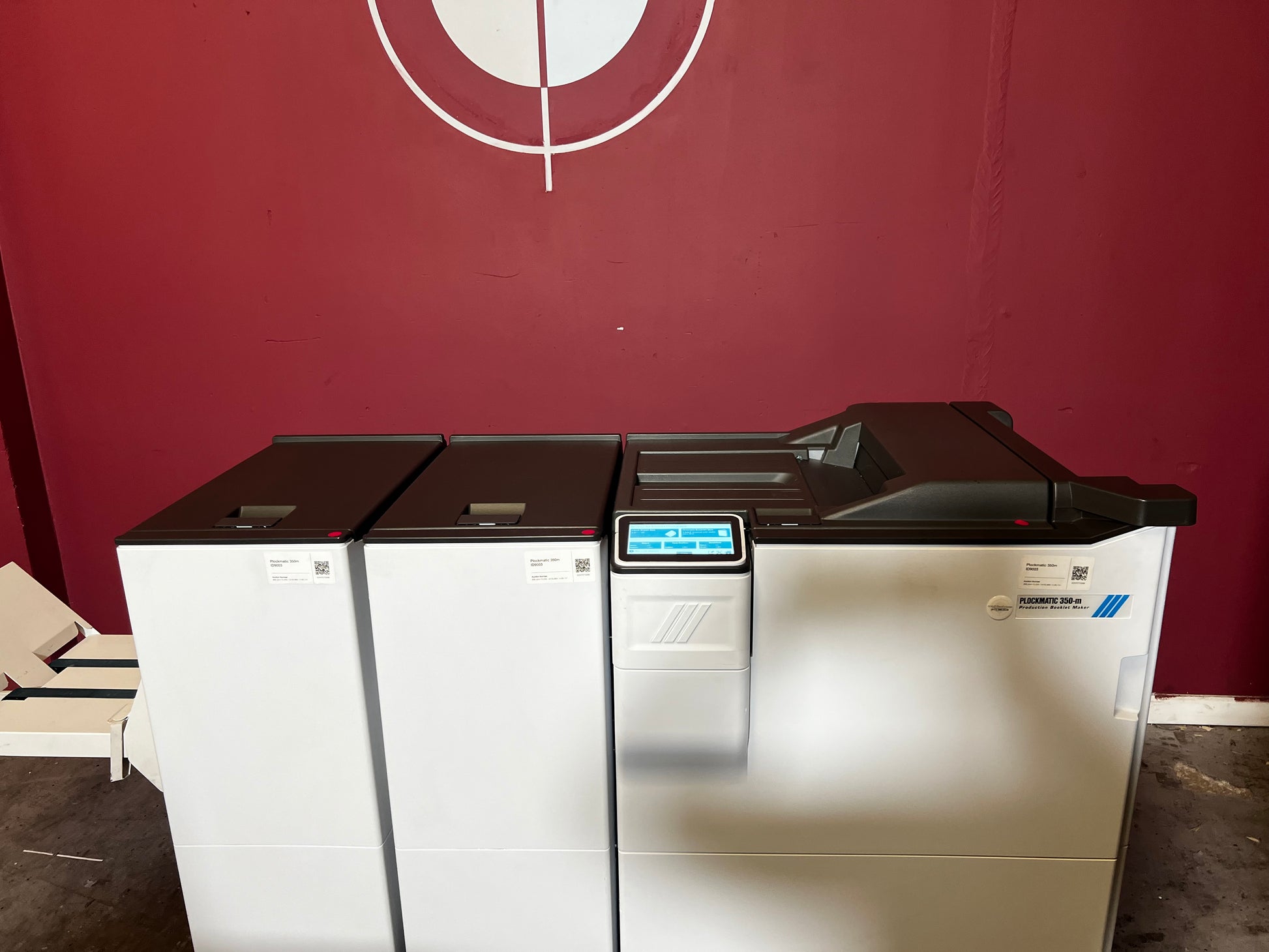 Used Plockmatic 350-M 85k meter booklet maker front/angled view showing folding and stitch unit – AA&D PressExchange