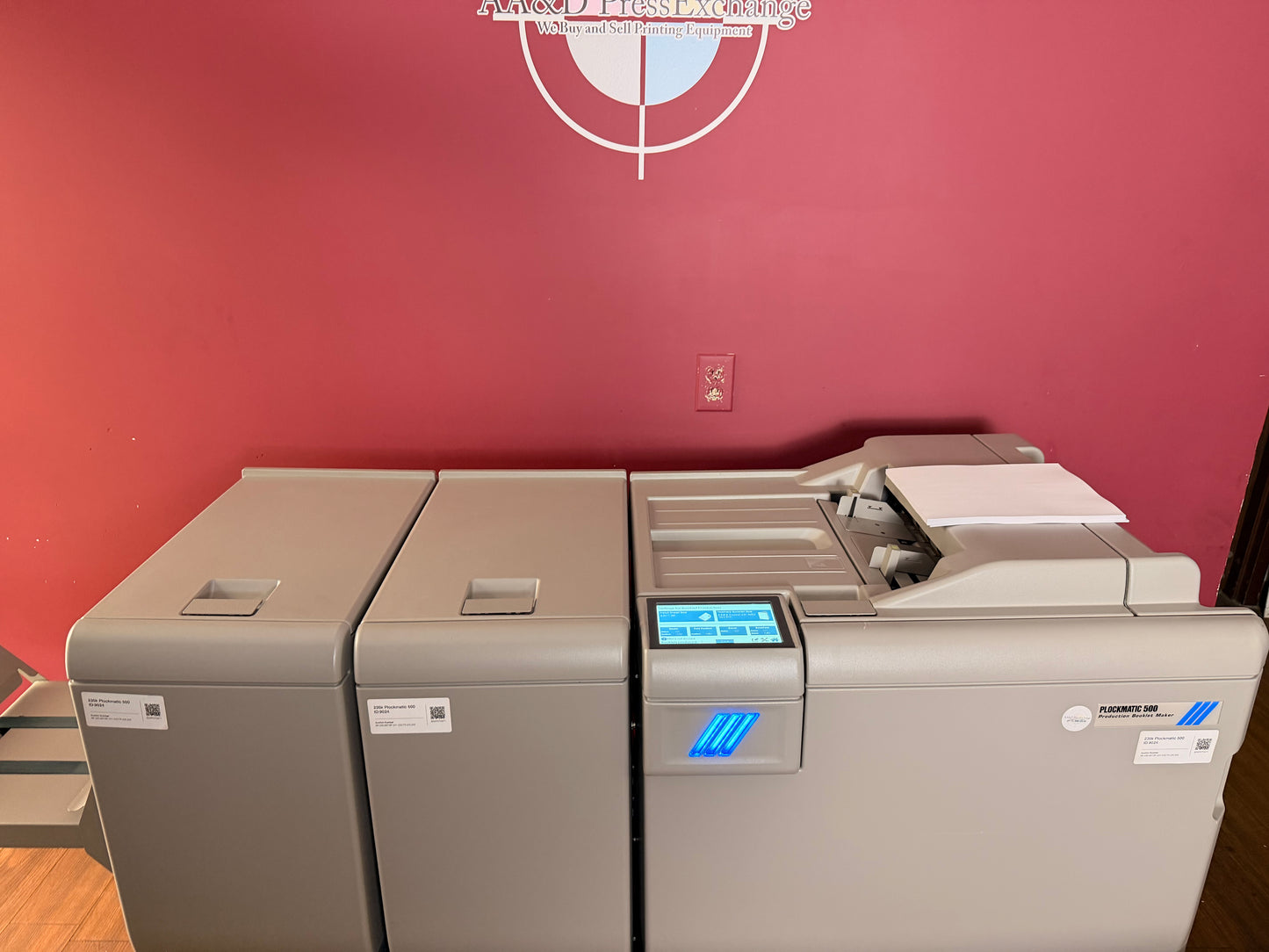 Used low meter Plockmatic PBM500 booklet maker with professional finishing modules