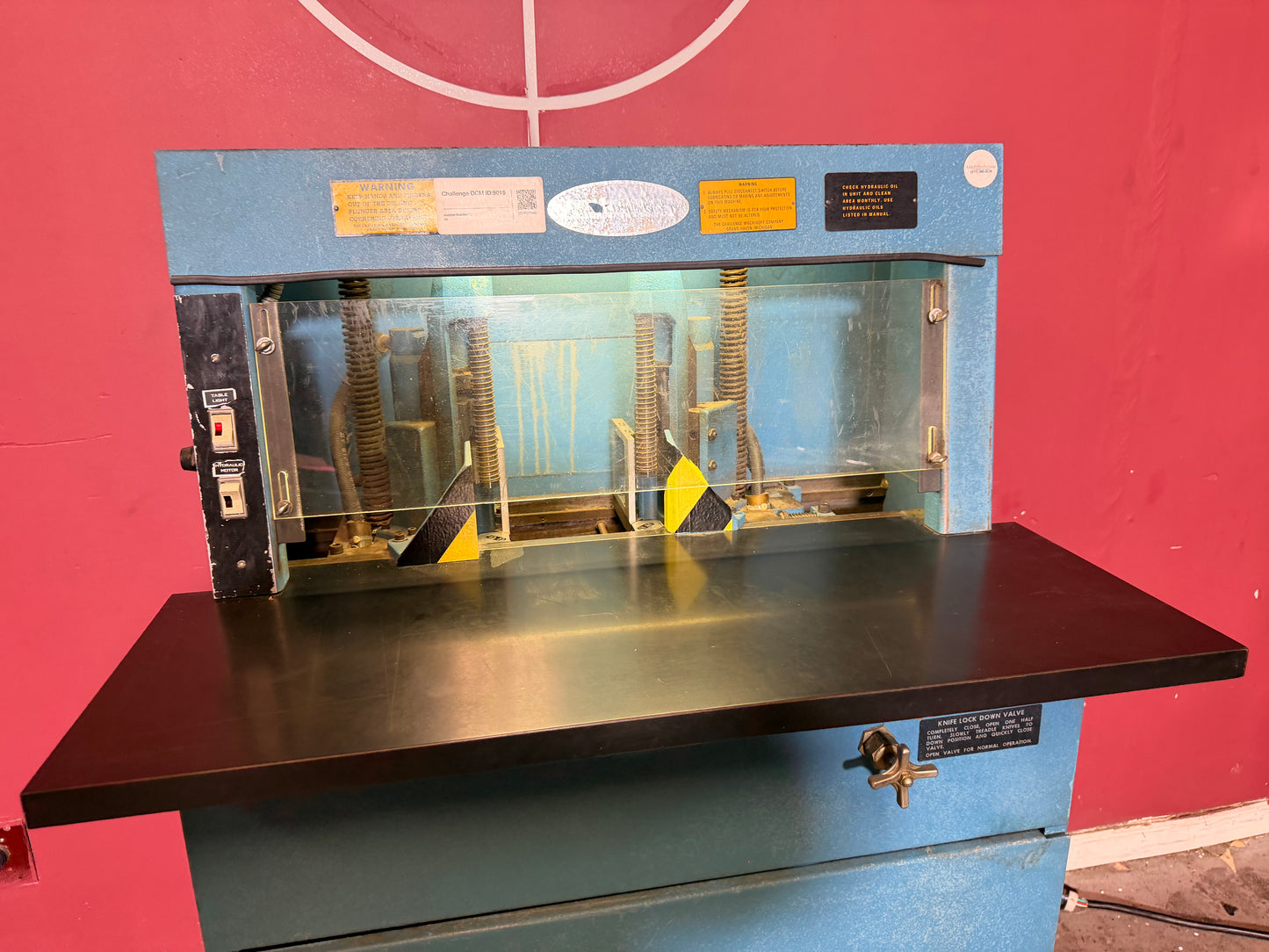 Used Challenge DCM Double Round Cornering Machine foot pedal operation for precise cutting