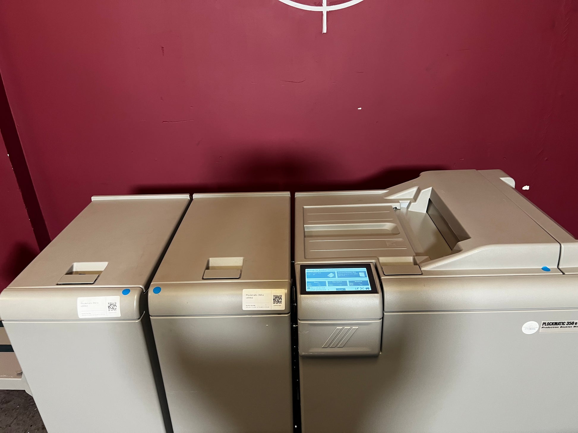 Used Plockmatic 350e booklet maker 120k meter detailed view of square-back trimming mechanism – AA&D PressExchange