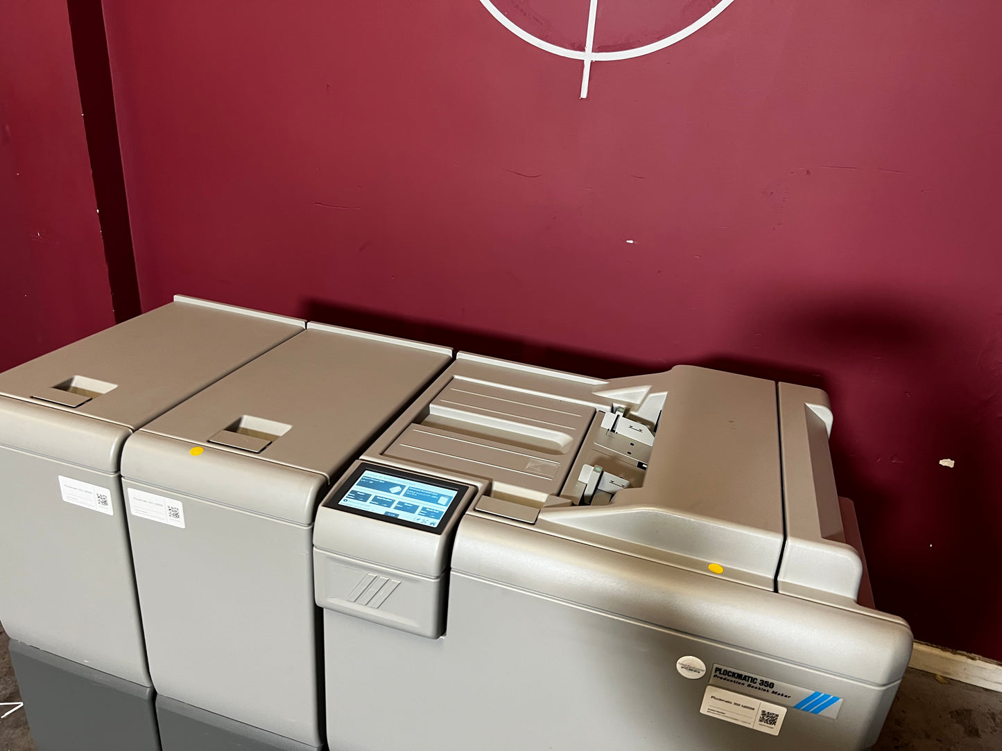 Used Plockmatic 350 200k meter booklet maker angled view of square back and trim unit – AA&D PressExchange