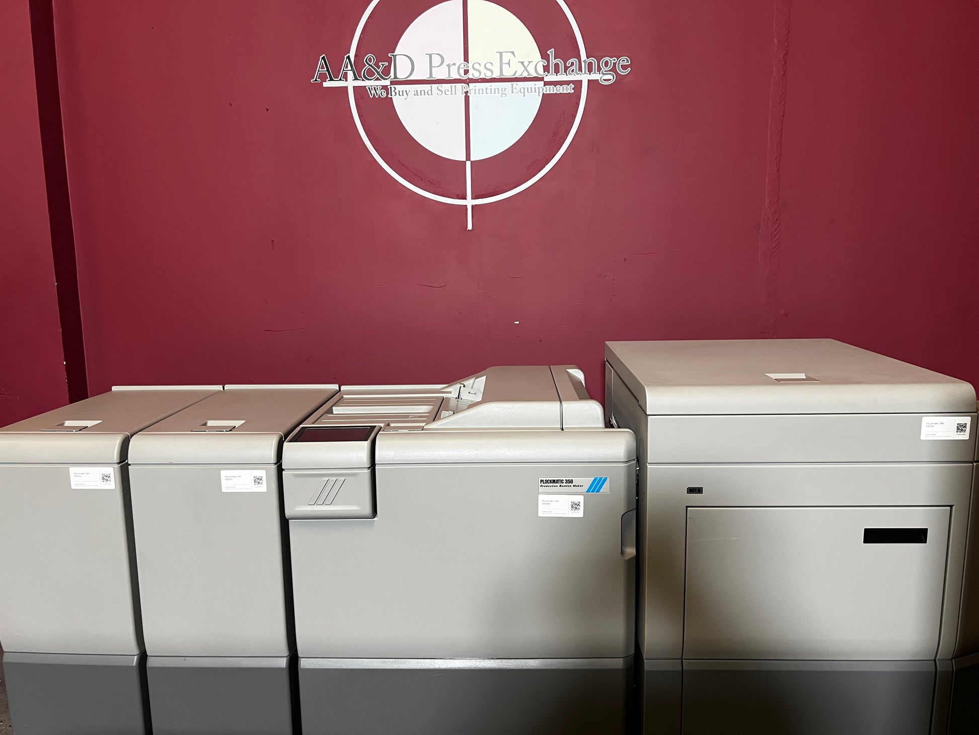 Used Plockmatic 350 70k meter booklet maker rear view showing modular connection – AA&D PressExchange