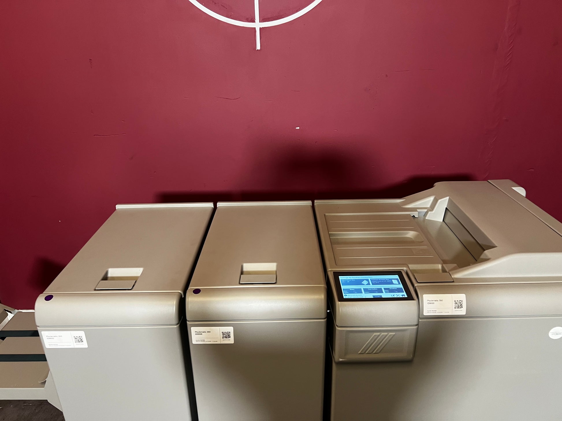 Used Plockmatic 350 90k booklet maker control panel and automation interface close-up – AA&D PressExchange