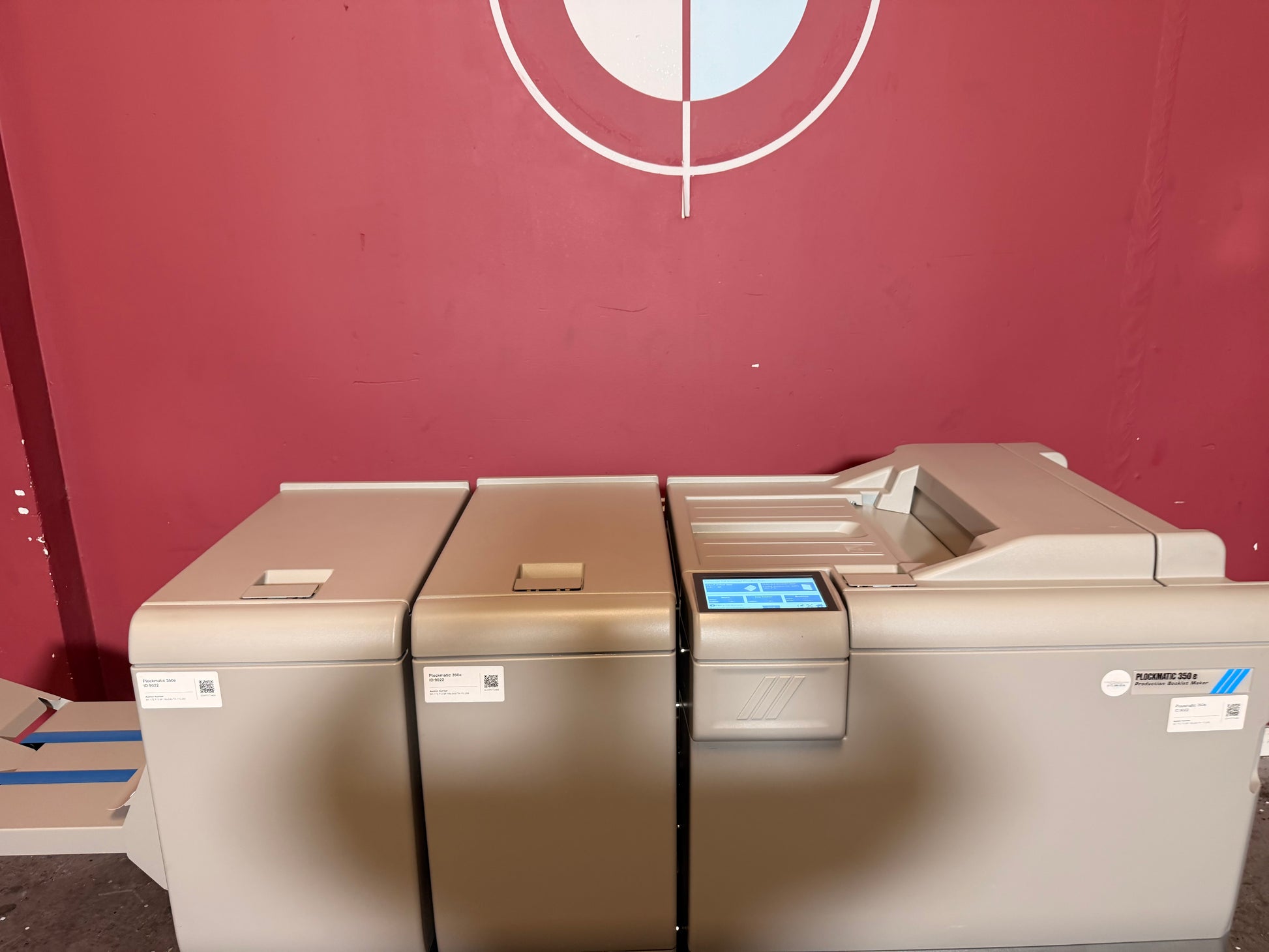 Used Plockmatic 350e booklet maker control panel and feeder unit close-up