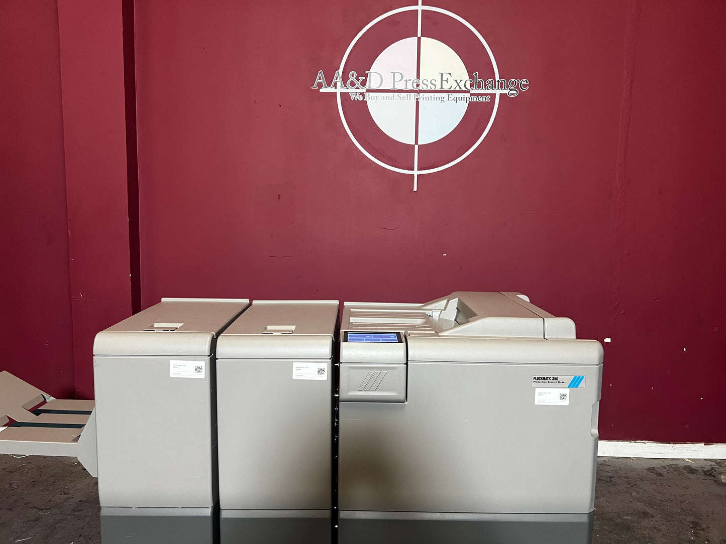Used Plockmatic 350 booklet maker 60k meter rear view highlighting inline configuration – AA&D PressExchange
