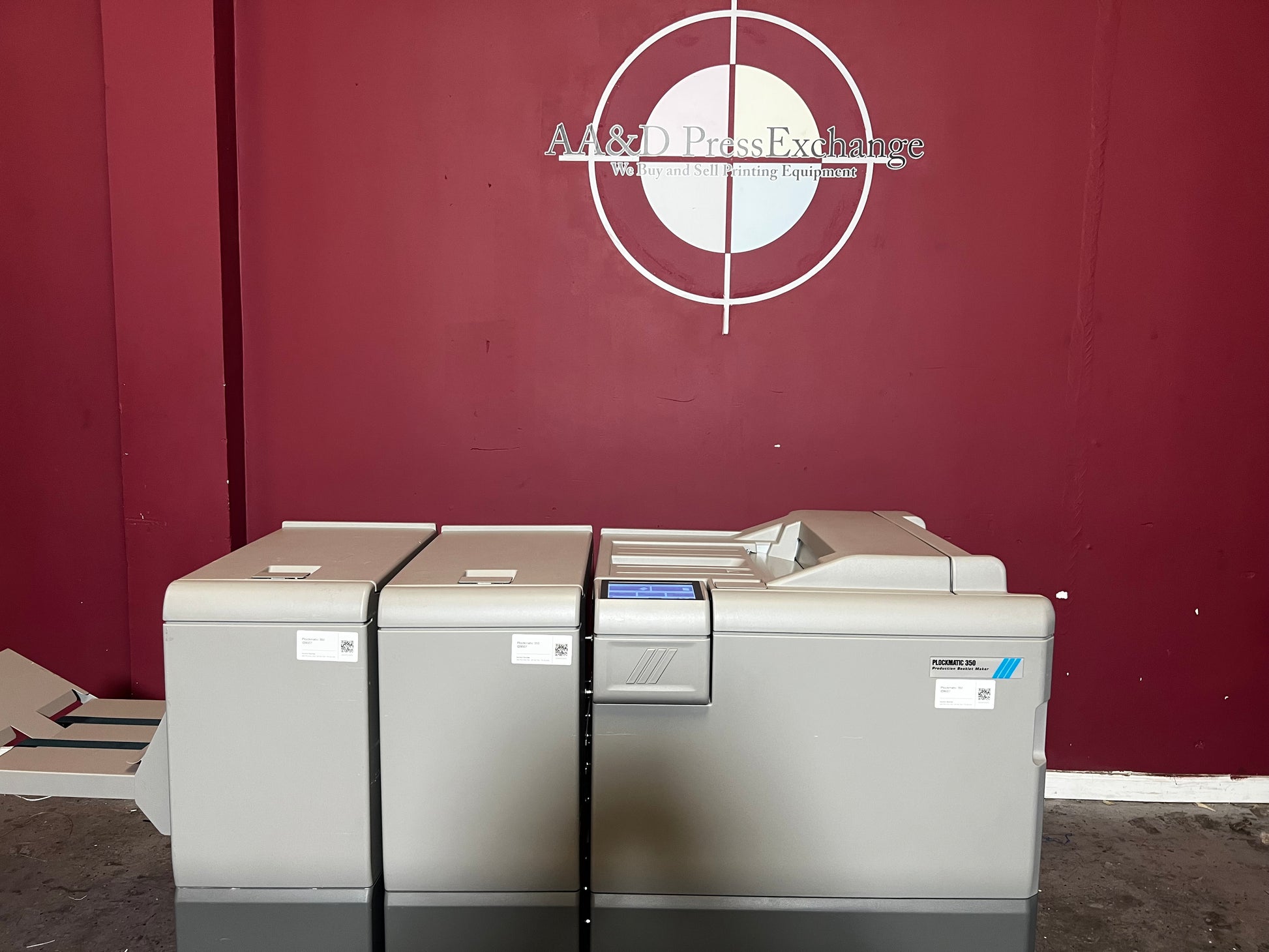 Used Plockmatic 350 booklet maker 60k meter rear view highlighting inline configuration – AA&D PressExchange