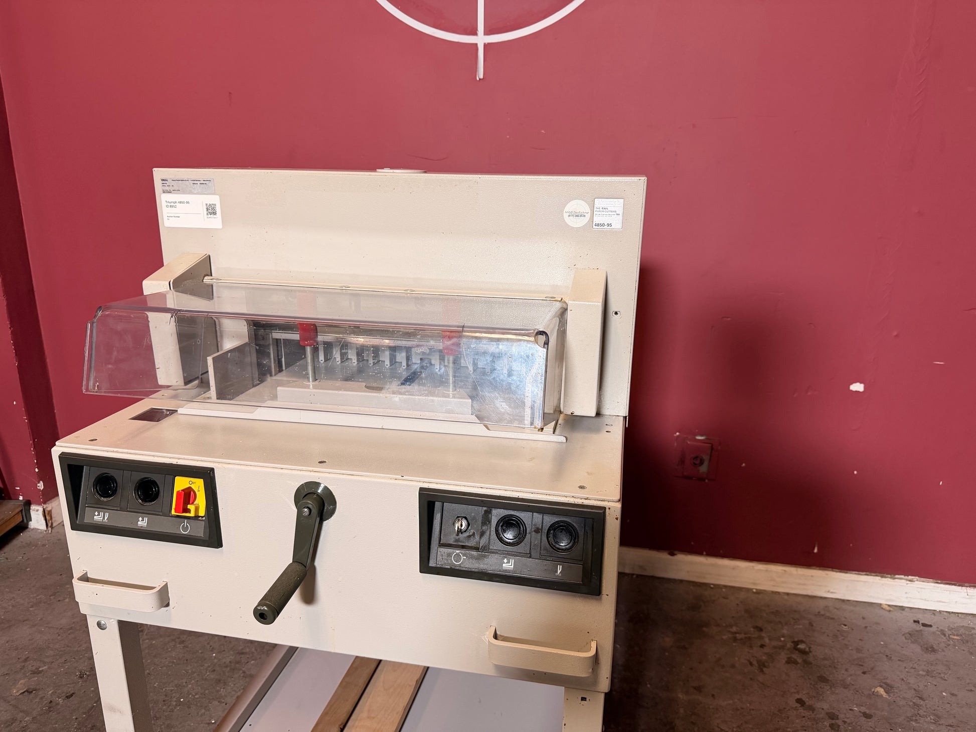 Used Triumph 4850-95 automatic paper cutter close-up of back gauge – AA&D PressExchange