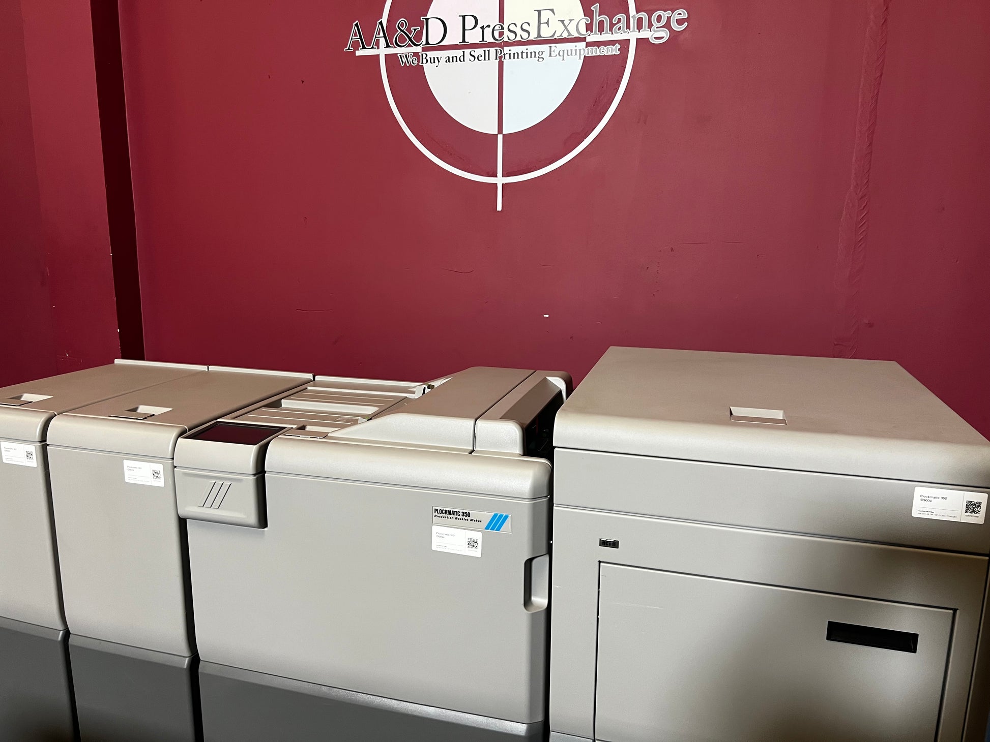 Used Plockmatic 350 70k meter booklet maker angled view of booklet output tray – AA&D PressExchange