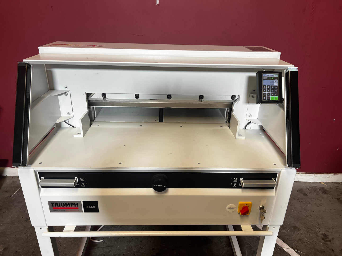 Used Triumph 6660 paper cutter close-up of control panel and cutting settings – AA&D PressExchange