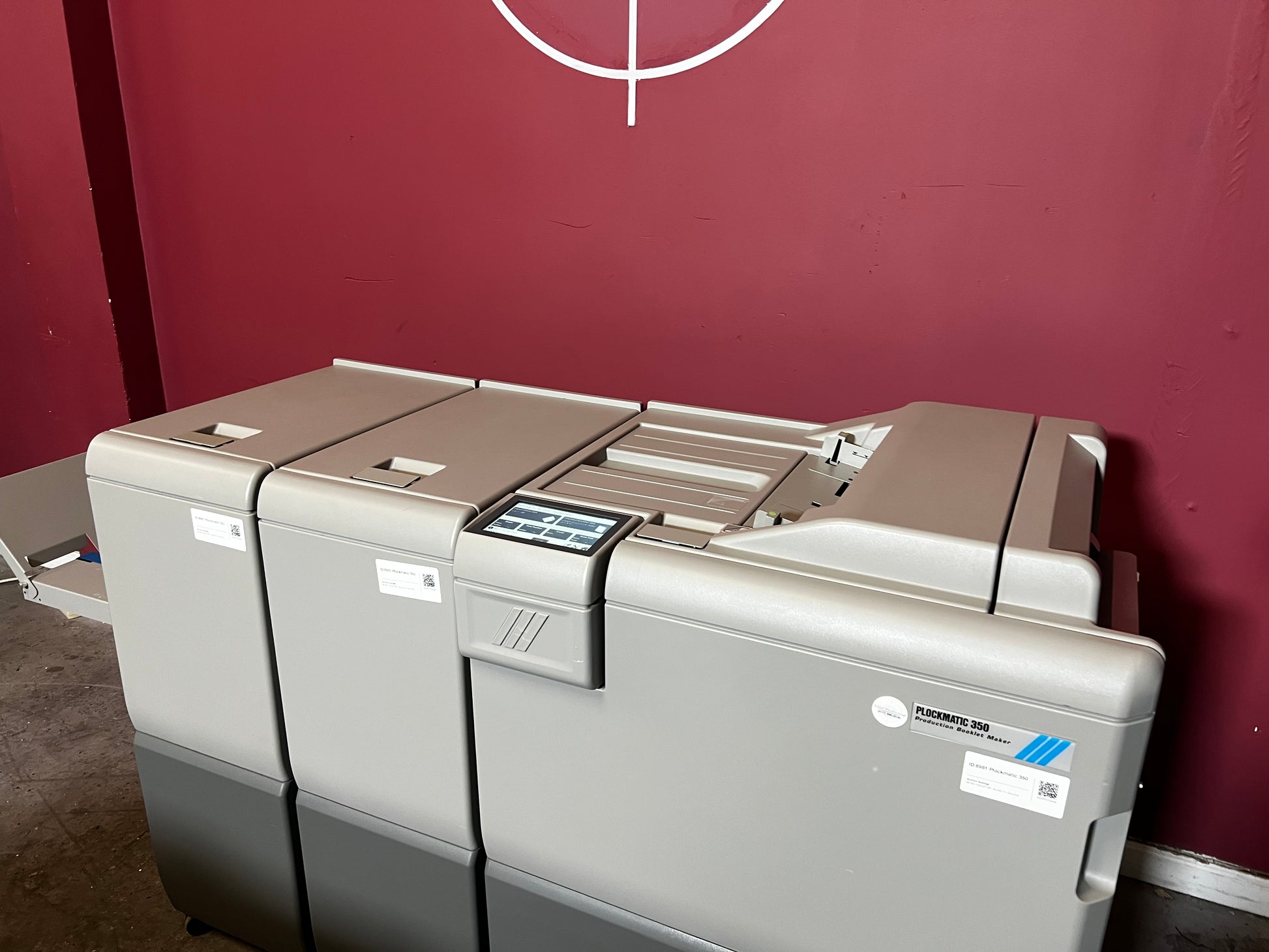 Used Plockmatic 350 bookletmaker LOW METER 167k top view of trimming and square back unit – AA&D PressExchange