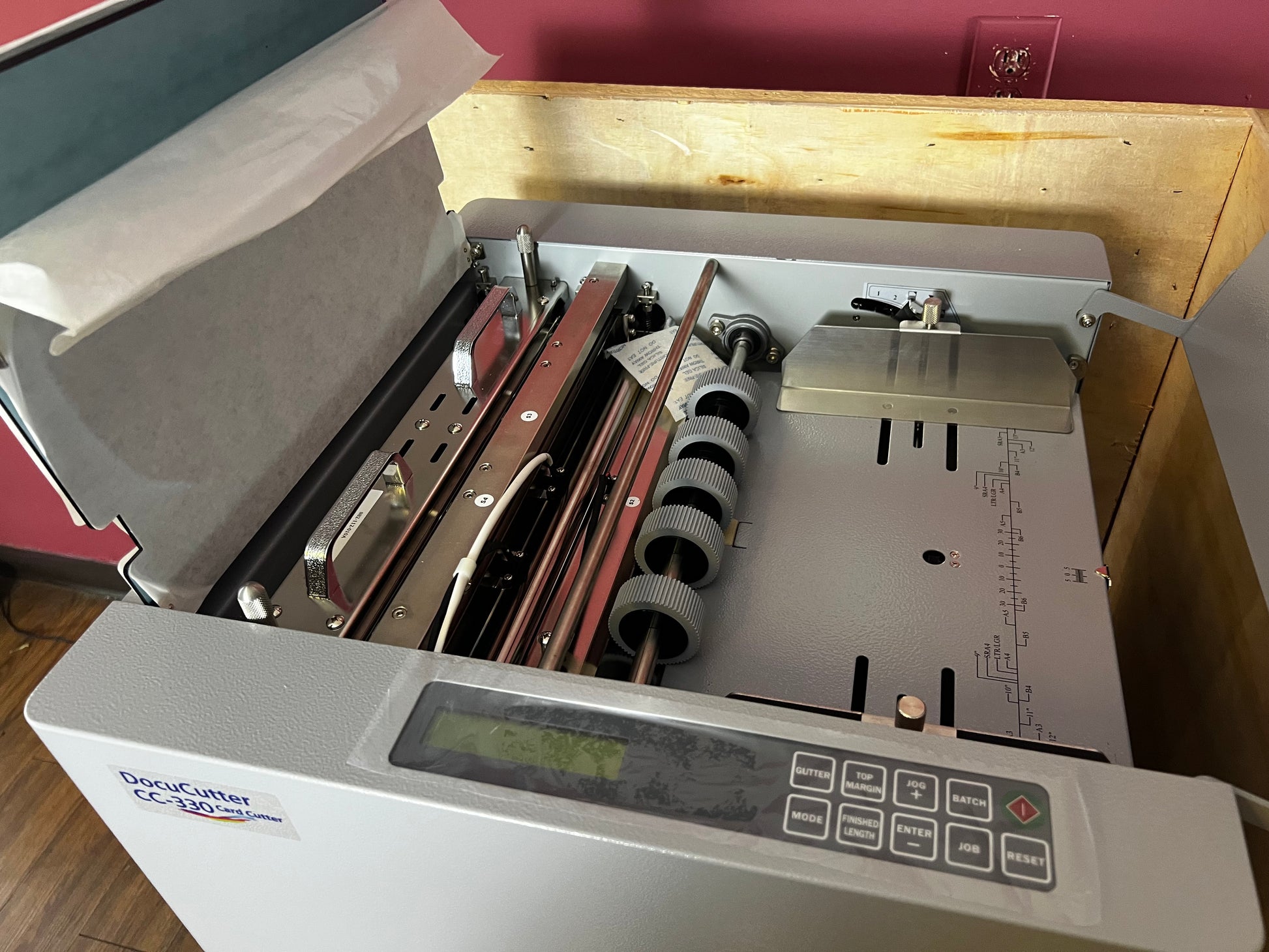 AA&D PressExchange Used Duplo CC-330 Card Cutter with catch tray for neatly stacked finished cards