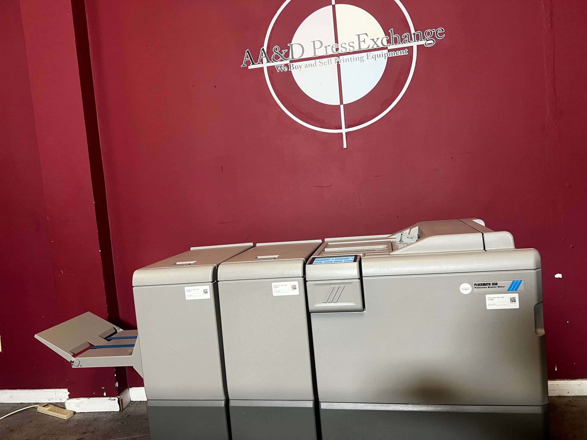 Used Plockmatic 350 bookletmaker 136k side view connected inline with press – AA&D PressExchange