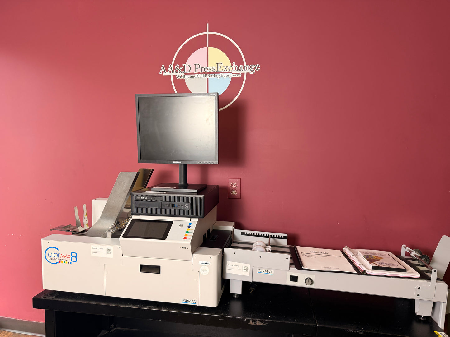 Used Formax ColorMax8 Digital Color Printer ink tank access panel and maintenance area