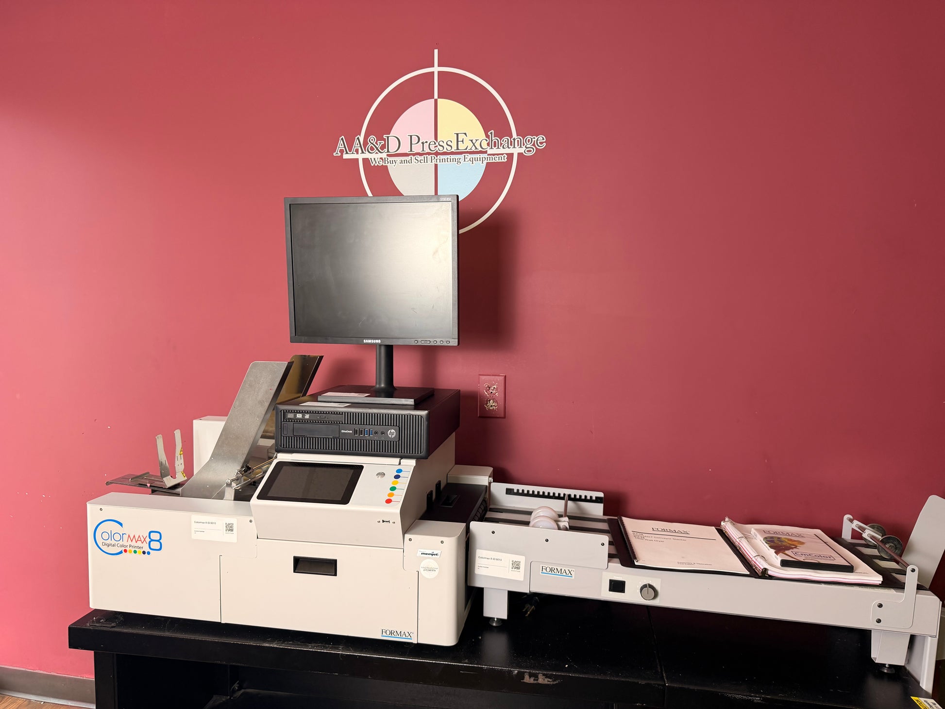 Used Formax ColorMax8 Digital Color Printer ink tank access panel and maintenance area