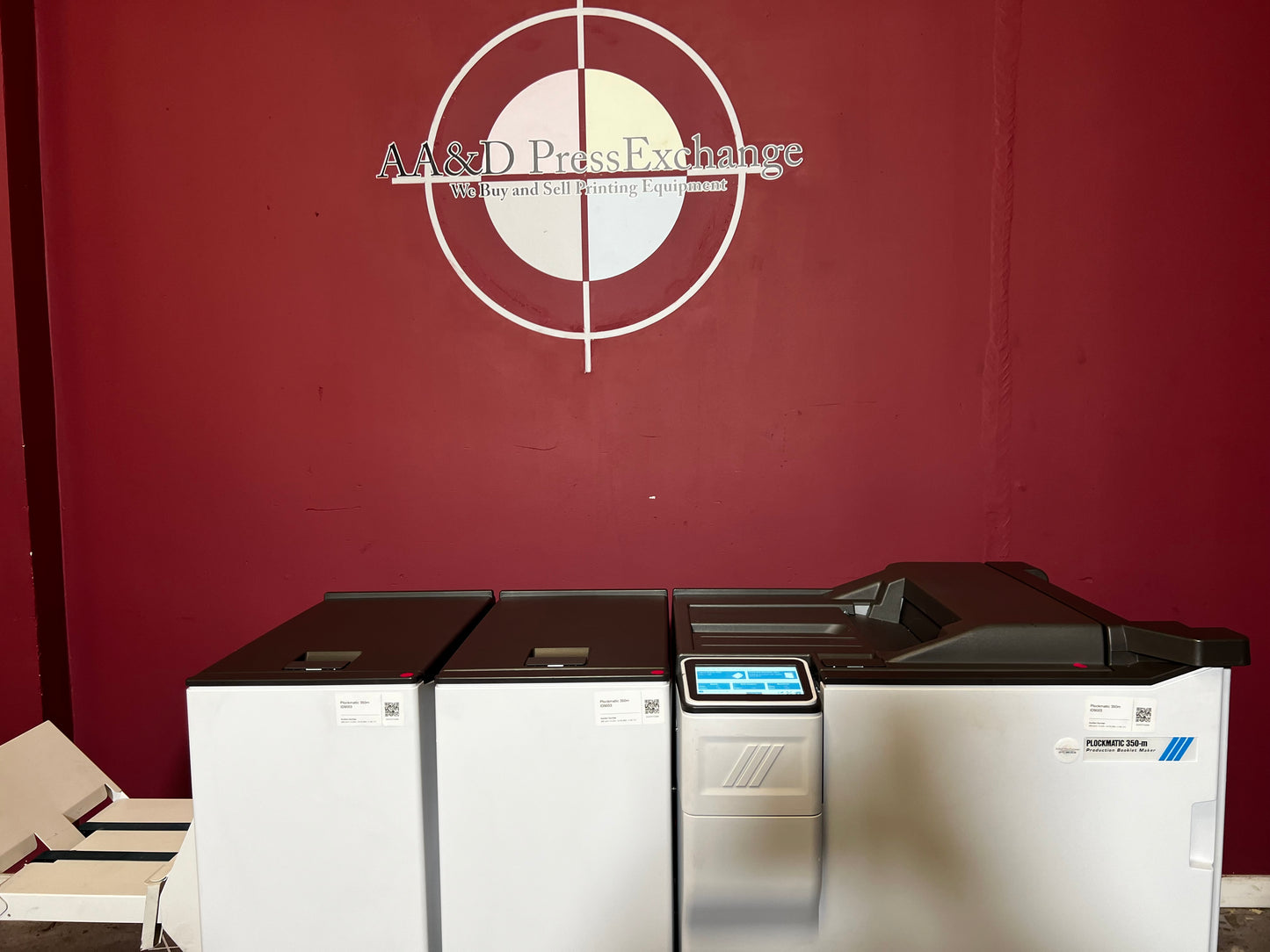Used Plockmatic 350-M 85k meter booklet maker front view in production setup – AA&D PressExchange