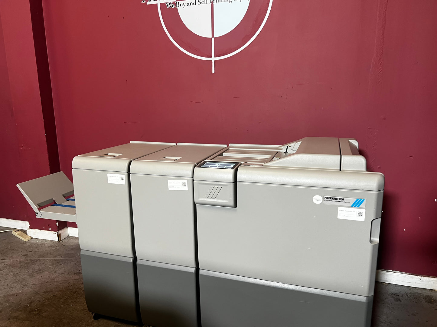 Used Plockmatic 350 LOW METER 167k bookletmaker angled view showing saddle-stitch module – AA&D PressExchange