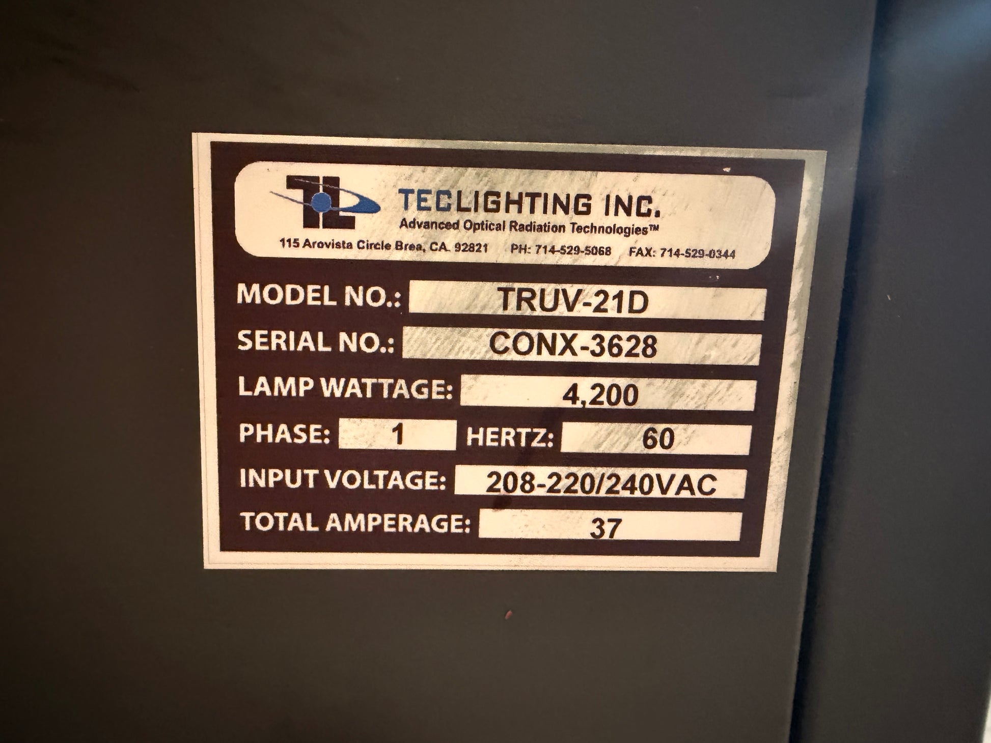 Used Tec Lighting Truv-21D UV Coater compact footprint for print shop use