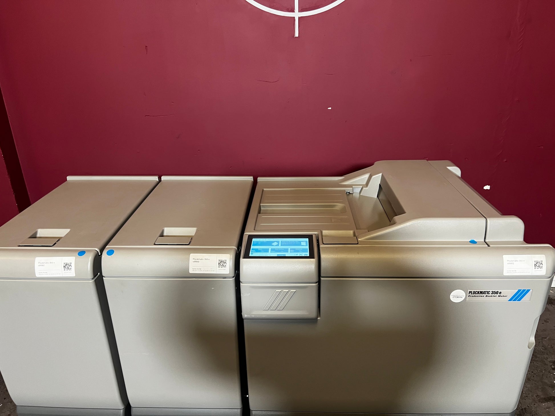 Used Plockmatic 350e booklet maker 120k meter rear view connected to Ricoh platform – AA&D PressExchange