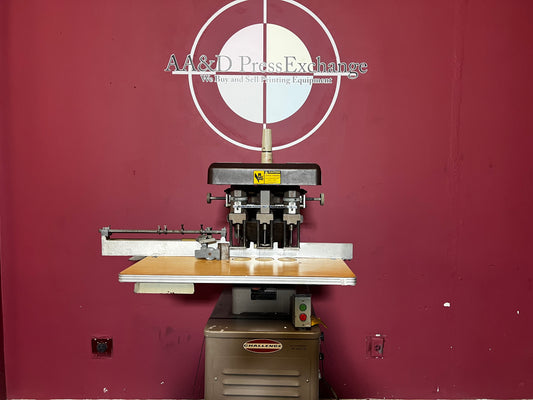 Used Challenge EH-3A Paper Drill by AA&D PressExchange, three-spindle hydraulic drilling system.
