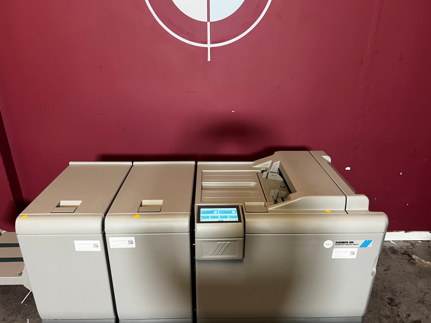 Used Plockmatic 350 200k meter booklet maker showing inline paper feed and finishing unit – AA&D PressExchange