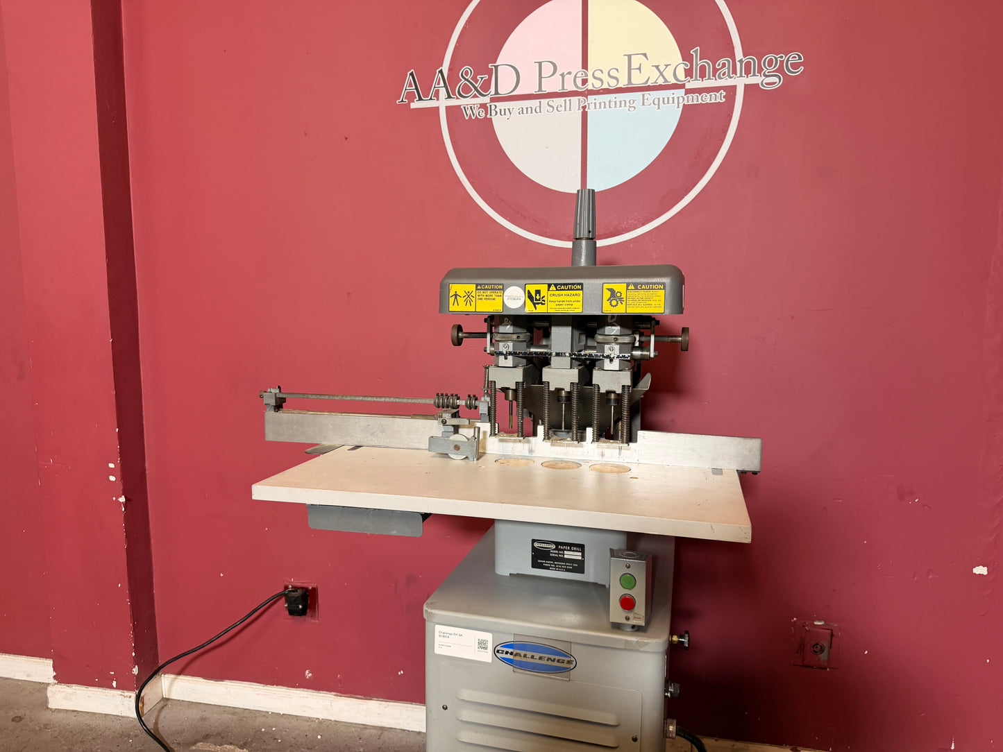 Used Challenge EH-3A Paper Drill side view showing challenge 3 hole paper drill configuration