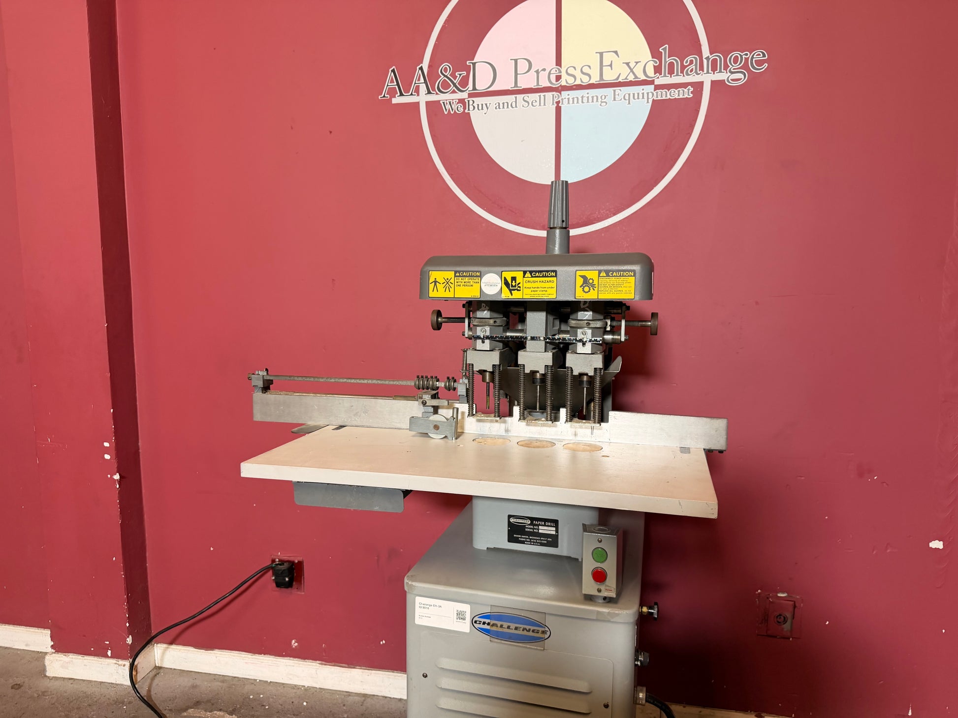 Used Challenge EH-3A Paper Drill side view showing challenge 3 hole paper drill configuration