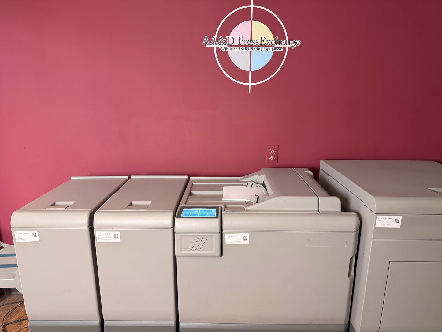 Used Plockmatic 350 booklet maker rear view with connection and interface modules – AA&D PressExchange