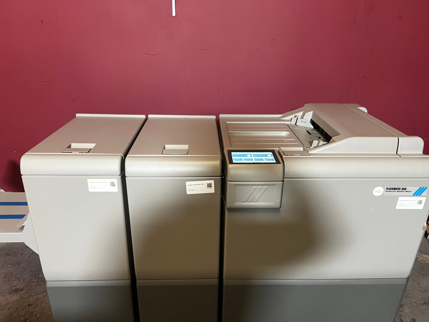 Used Plockmatic 350 bookletmaker LOW METER 167k rear view highlighting feed section – AA&D PressExchange