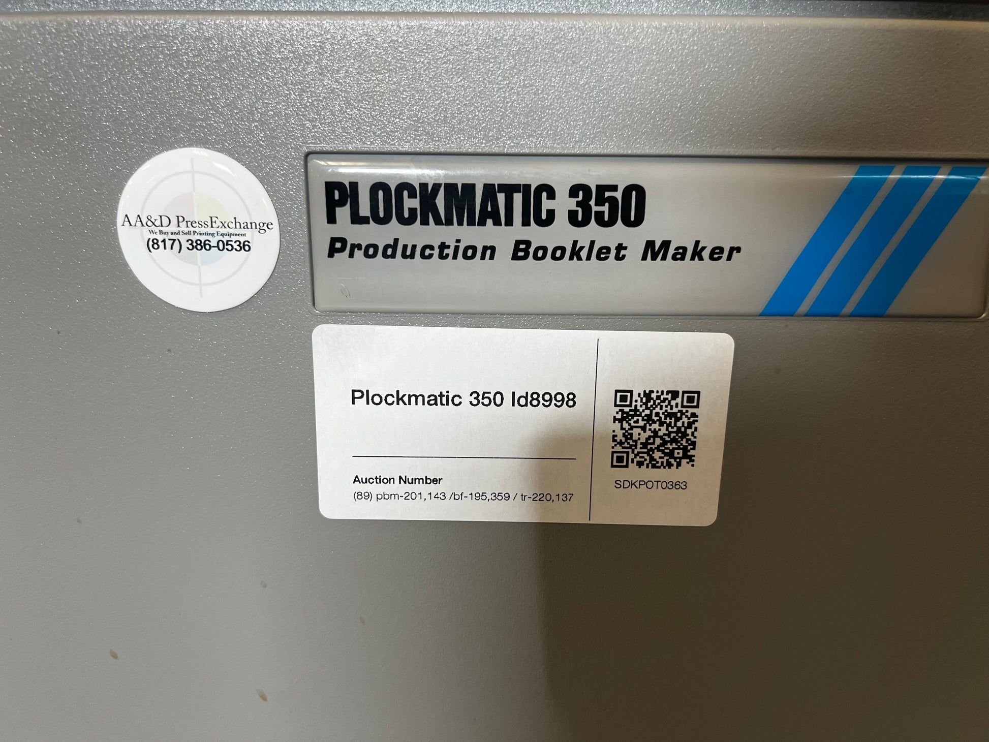 Used Plockmatic 350 200k meter booklet maker rear view highlighting modular inline design – AA&D PressExchange