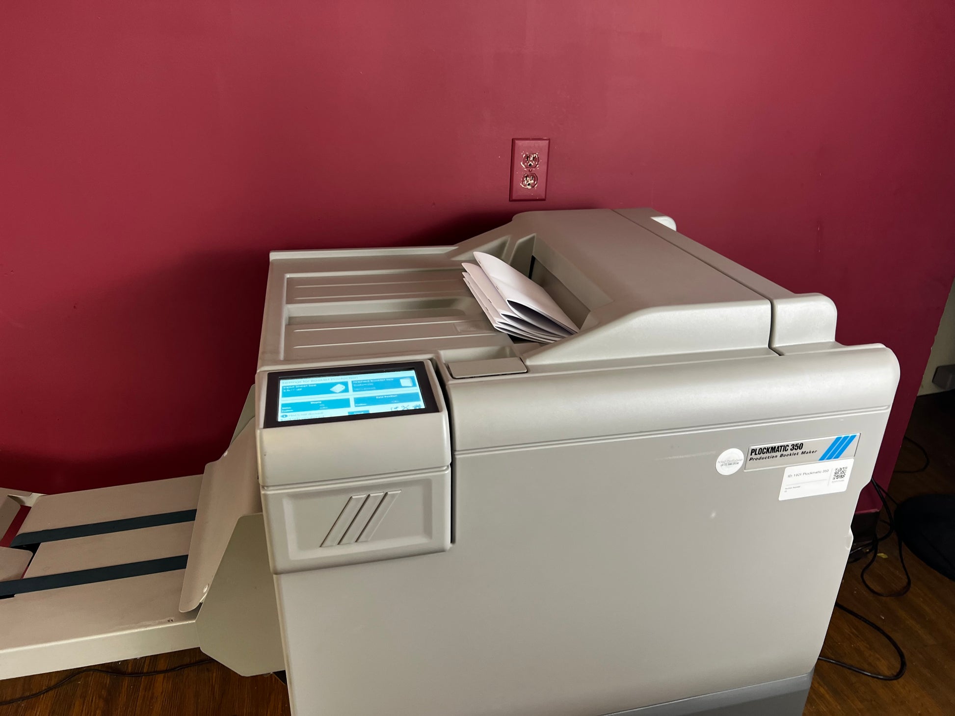 Used Plockmatic 350 by AA&D PressExchange, professional booklet maker low 380 book count