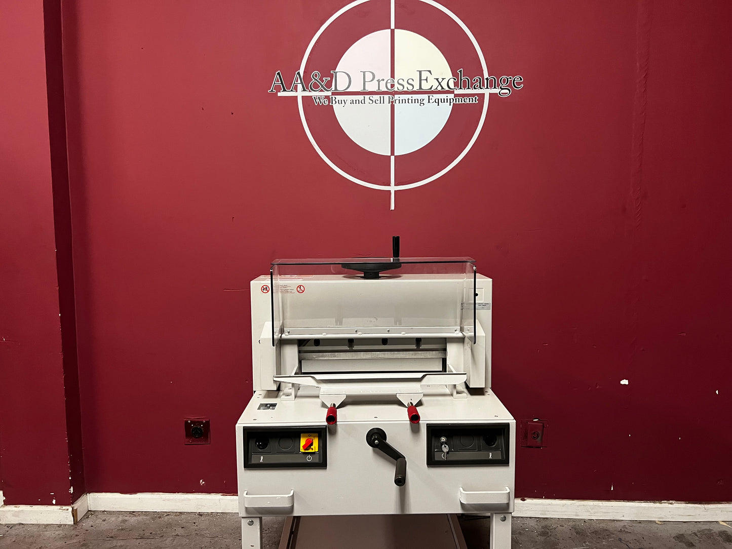 Used Triumph 4810-95 electric paper cutter front view with safety guard – AA&D PressExchange