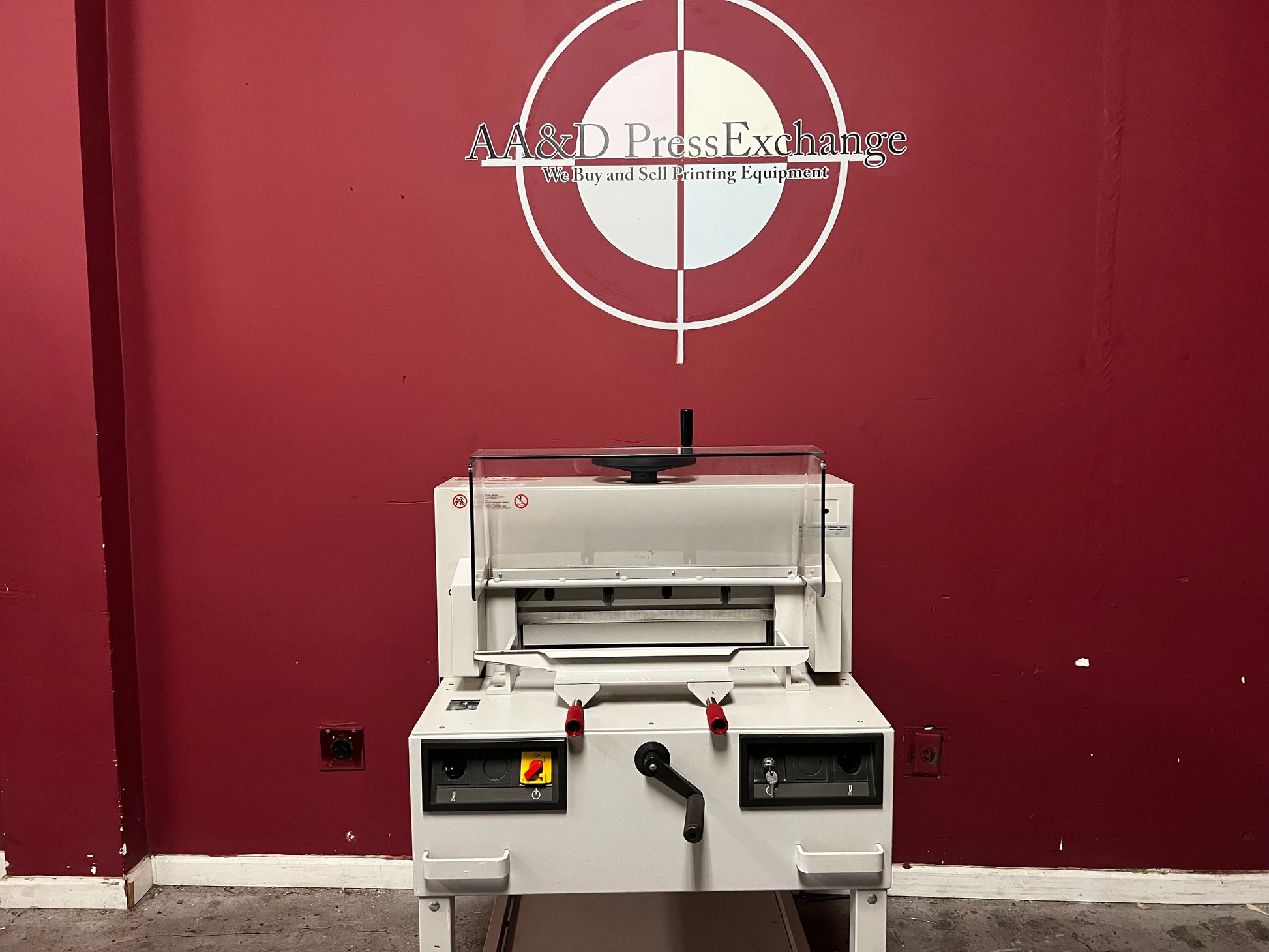 Used Triumph 4810-95 electric paper cutter front view with safety guard – AA&D PressExchange