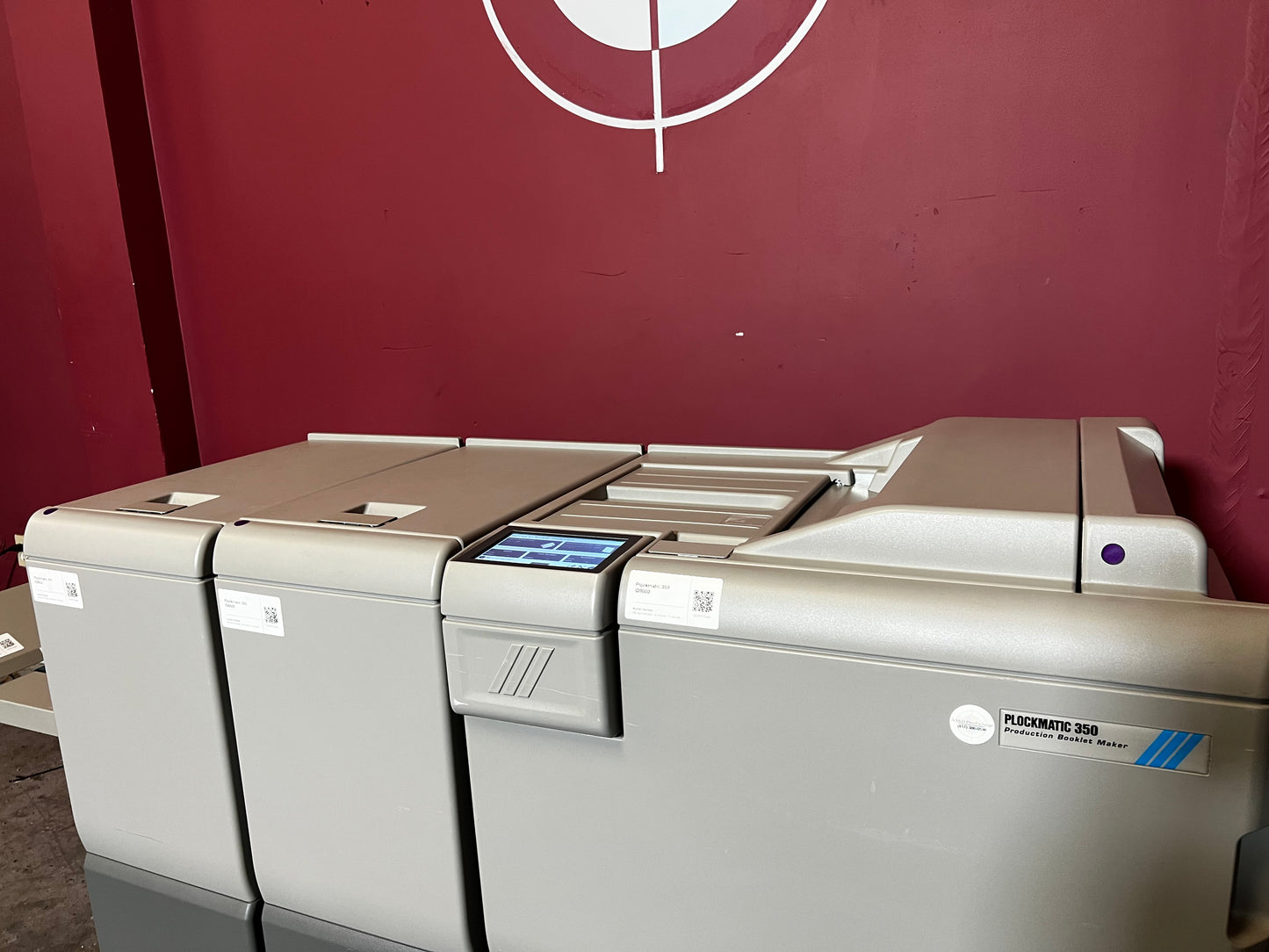 Used Plockmatic 350 90k booklet maker front/angled view highlighting trimming unit – AA&D PressExchange
