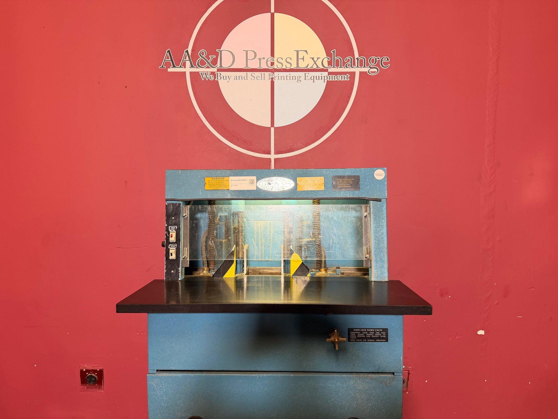 Used Challenge DCM Double Round Cornering Machine front view heavy-duty hydraulic bindery cutter