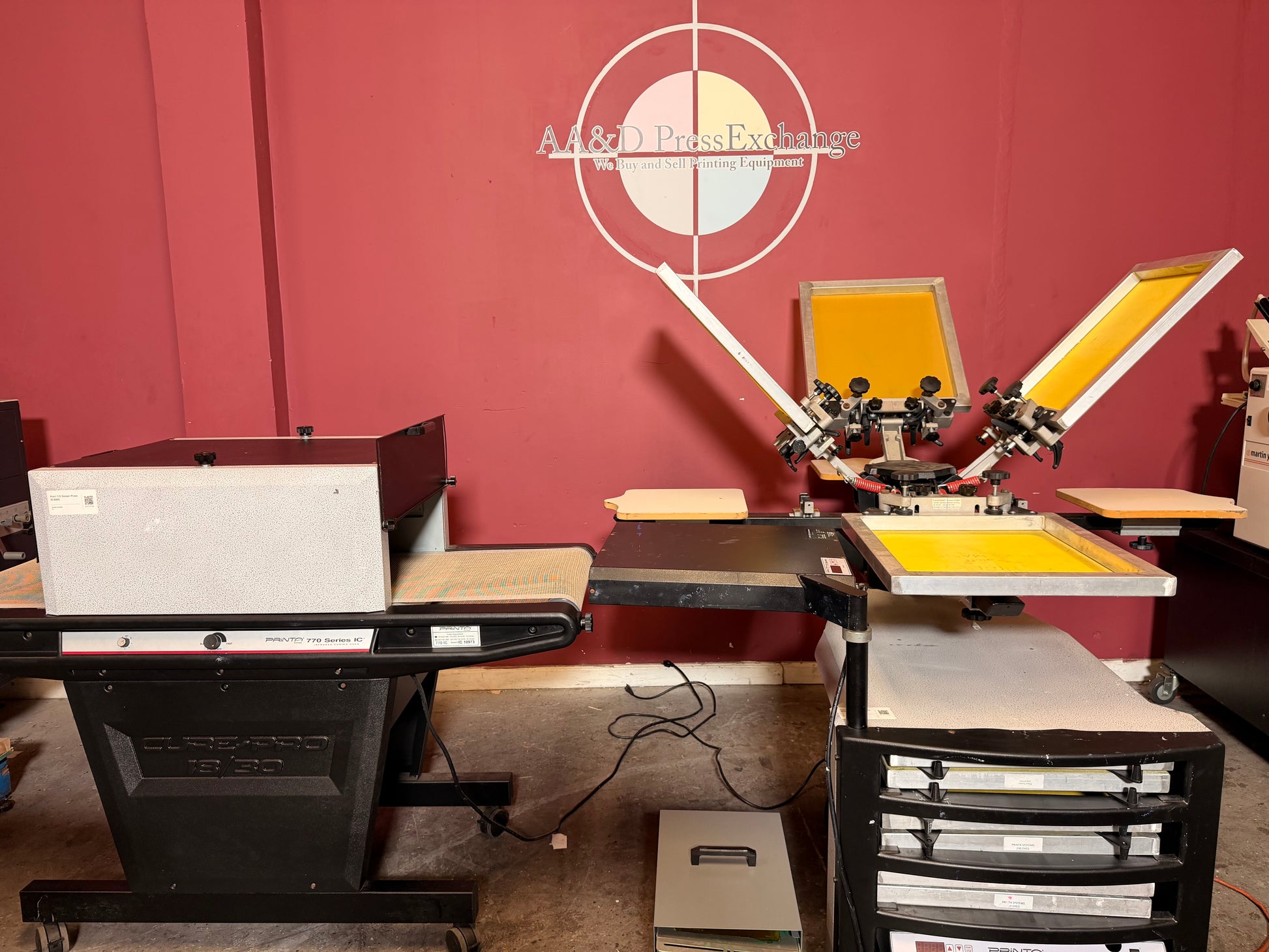 Used Printa 770 Series Screen Printing System showing multi-color printing stations – AA&D PressExchange