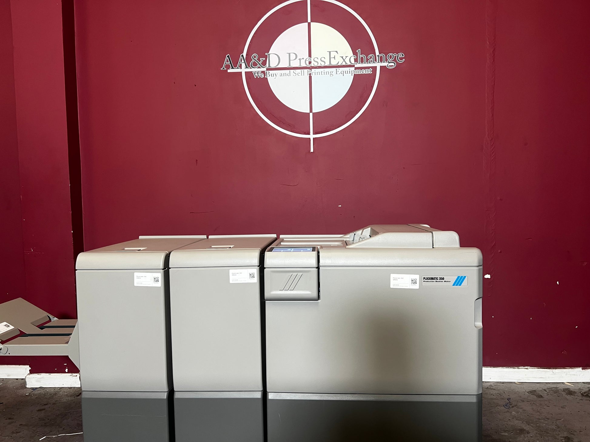Used Plockmatic 350 64k meter booklet maker front view in digital print setup – AA&D PressExchange