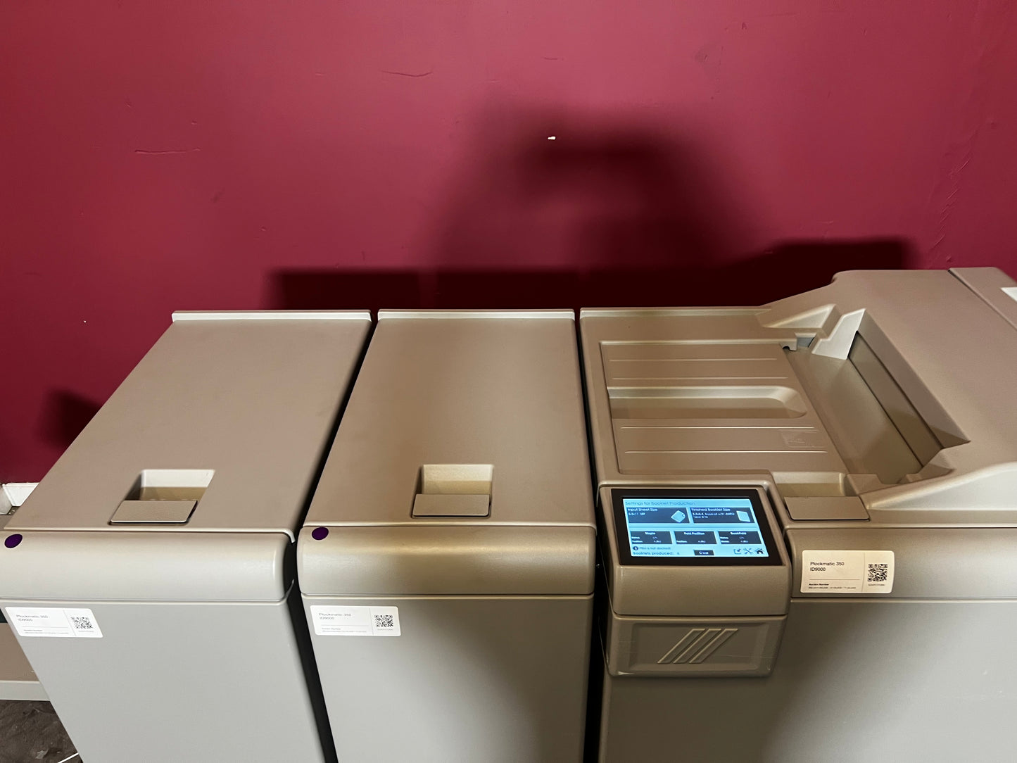 Used Plockmatic 350 90k booklet maker showing inline paper feed and finishing unit – AA&D PressExchange