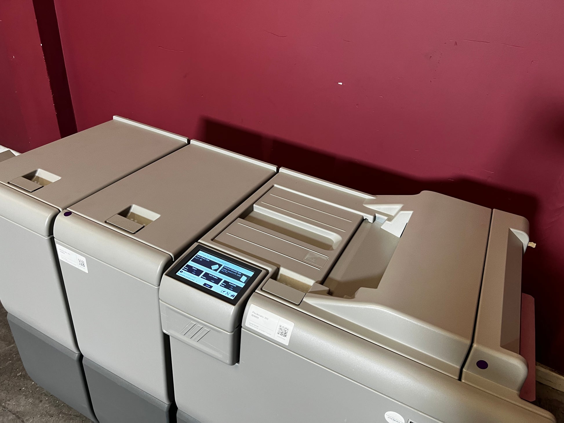 Used Plockmatic 350 90k booklet maker angled view showing saddle-stitch and folding section – AA&D PressExchange