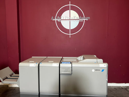 Used Plockmatic 350e booklet maker 120k meter front view in Ricoh Pro inline setup – AA&D PressExchange