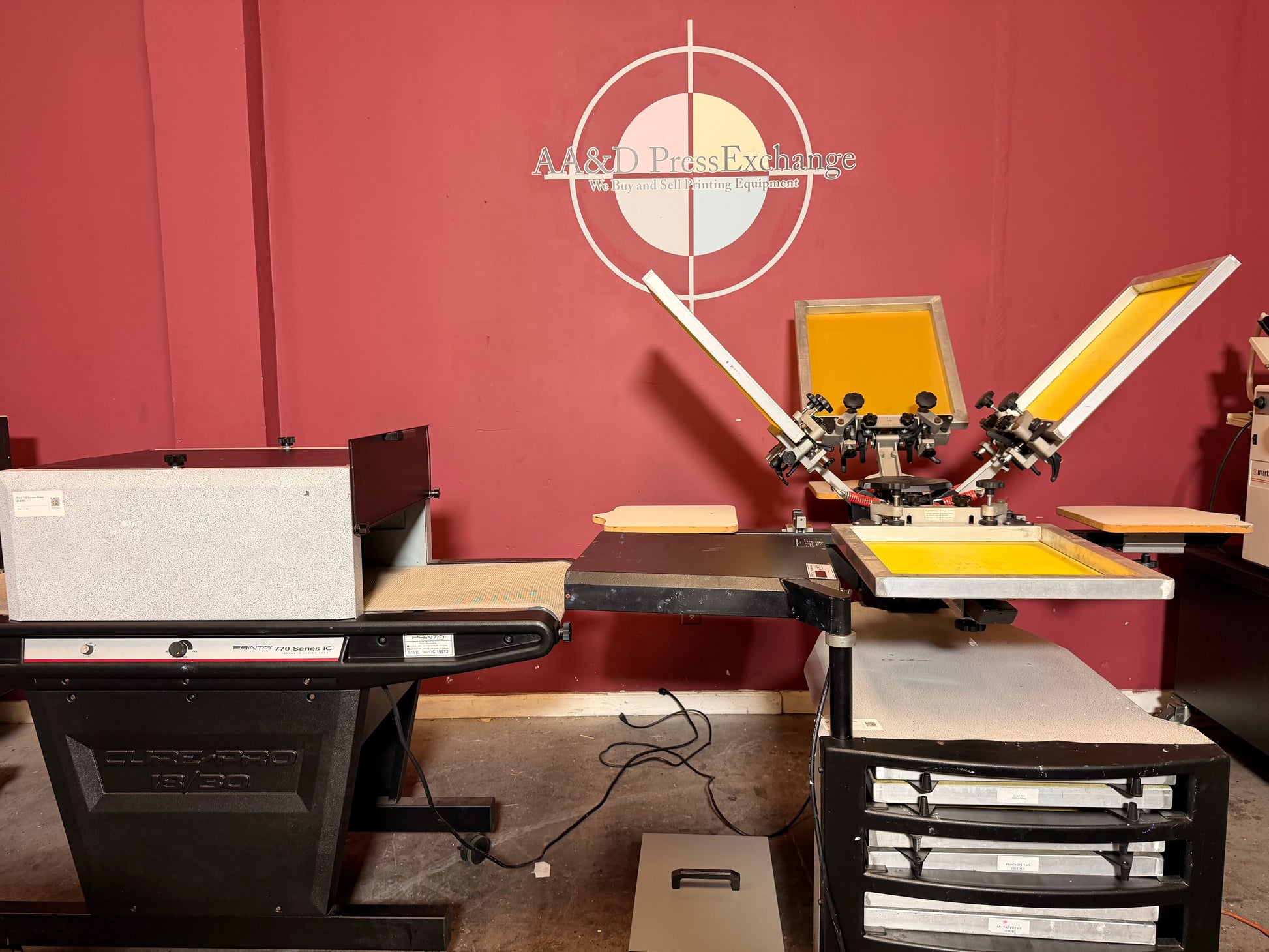 Used Printa 770 Screen Printer detail of screen drying and storage rack – AA&D PressExchange