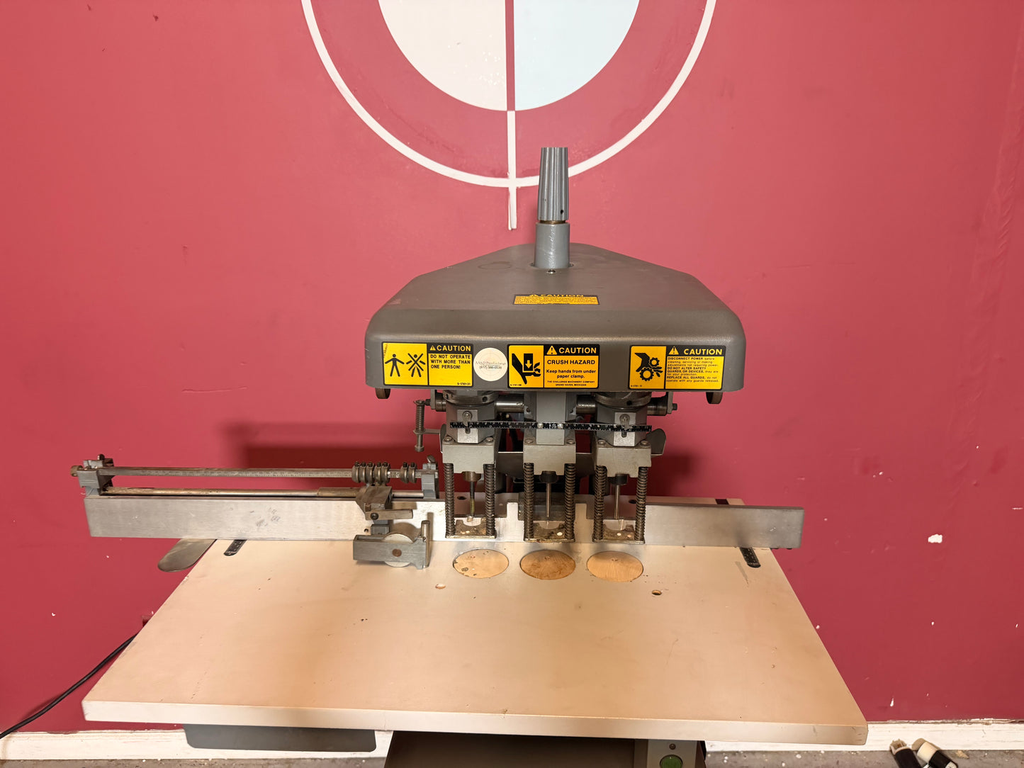 Used Challenge EH-3A Paper Drill drill heads close up with 3 spindle setup