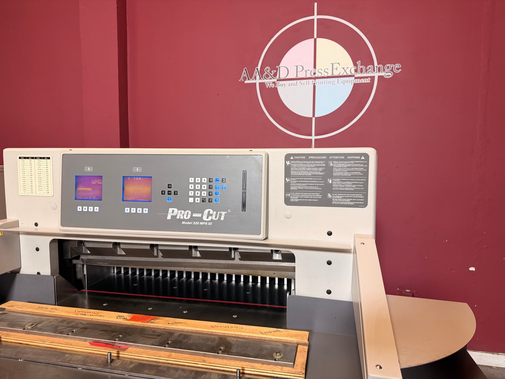 Used Pro-Cut 320 MPS III commercial paper cutter for sale full machine perspective
