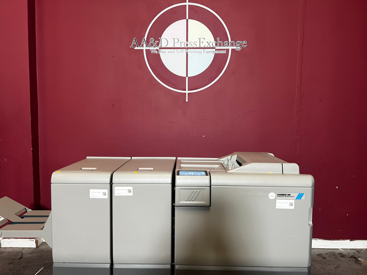 Used Plockmatic 350 200k meter booklet maker front/side view in digital print setup – AA&D PressExchange