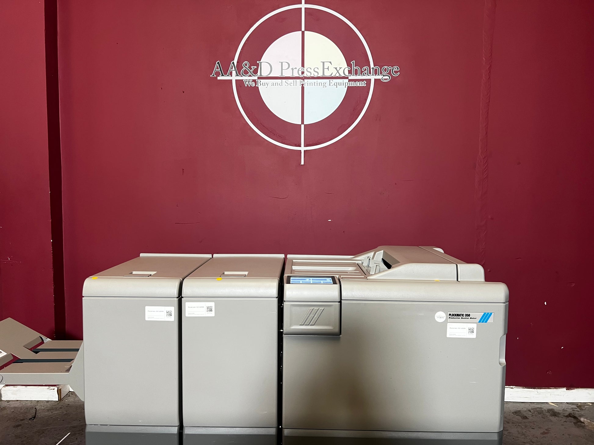 Used Plockmatic 350 200k meter booklet maker front/side view in digital print setup – AA&D PressExchange