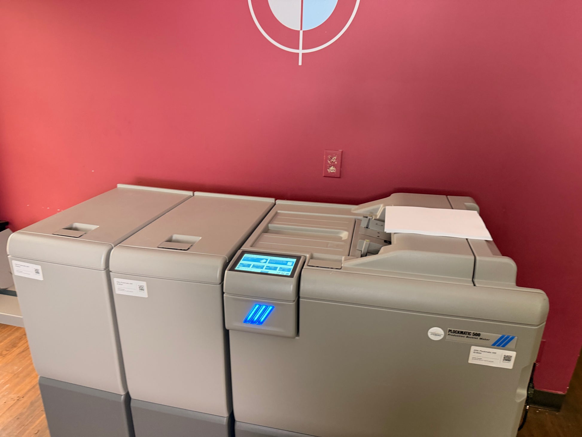 Low meter Plockmatic 500 Production Booklet Maker for sale with warranty coverage