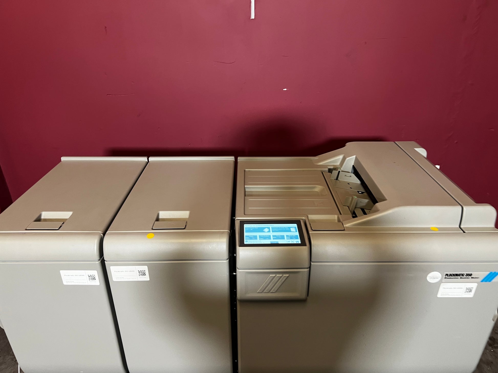 Used Plockmatic 350 200k meter booklet maker side view highlighting square back capability – AA&D PressExchange